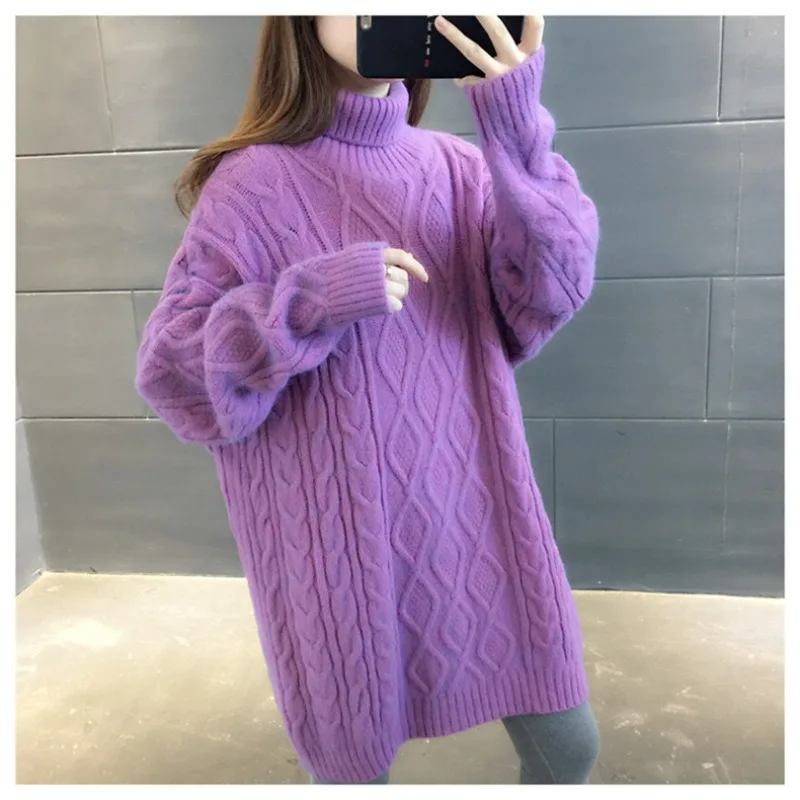 

Women Braid sweater pullovers womens clothing Winter Autumn Warm Turtle Neck Solid Knitted Loose Tops one size knitwear jerseys
