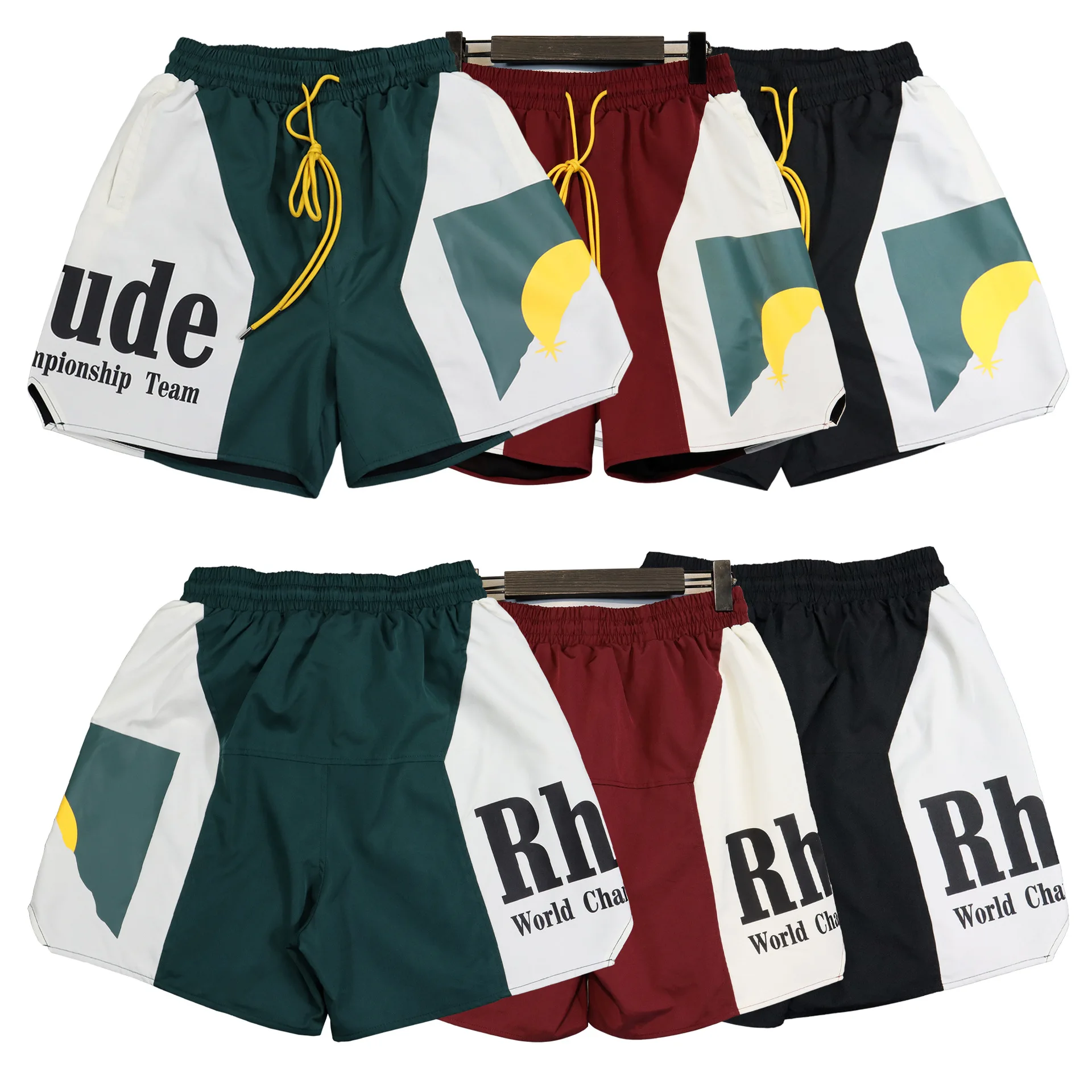 

2024 Street fashion label summer Rhude sunset letter print color blocking sports shorts for men's straight leg pants