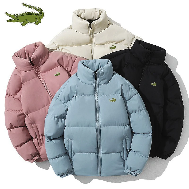 

Winter Parkas Men Solid Stand Collar Zipper Warm Couple Outerwear Embroidery Mens Cotton Jackets Fashion Streetwear Padded Coats