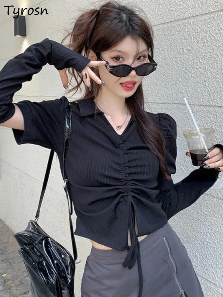

T-shirts Women Shirring Design Personality Korean Style Daily All-match Slim Crop Sexy Sweet Creativity Spring Casual Streetwear