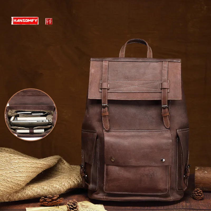 

New Crazy Horse Leather Men Backpacks Outdoor Travel Backpack Retro Fashion Student Schoolbag Large Capacity Computer Bags