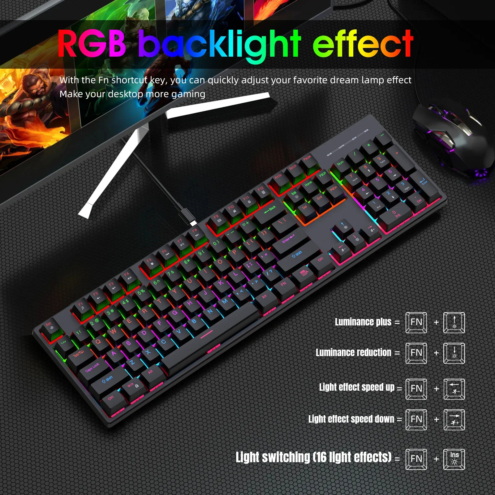 Mechanical Keyboard Wired 16 RGB Backlit 61/87/104Key Esports Gaming Keyboard Hot-Swappable Ergonomic Keyboard for PC Laptop