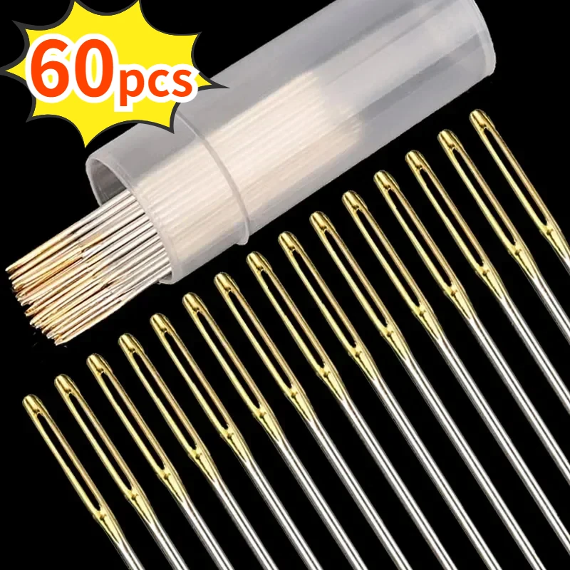 30/60Pcs Large Eye Cross Stitches Needles with Threader DIY Stitch Embroidery Needlework Threading Needle Hand Sewing Tools