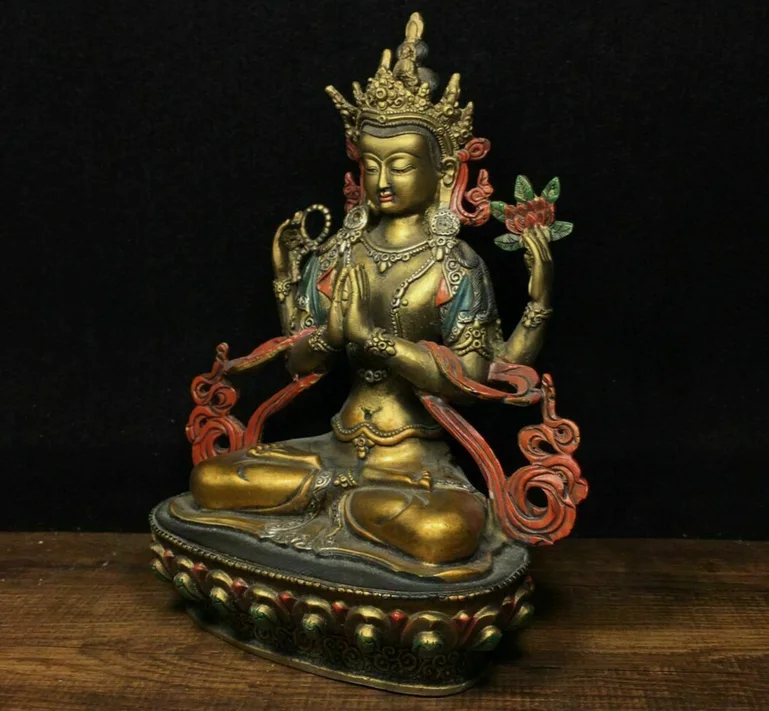 Tibet Buddhism Bronze Brass Louts 4 arms Chenrezig Buddha Statue Sculpture Q 6
