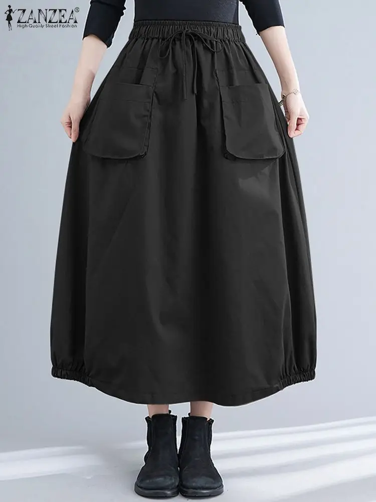 

2023 ZANZEA Woman Fashion Cargo Skirt Autumn Solid Color Elastic Waist Dress Vintage Lace-Up Jupe Elegant Office Skirts Oversize