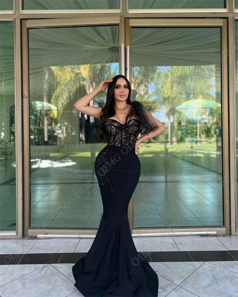 OIMG Black Lace One Shoulder Prom Dresses Detachable Train Sleeveless Evening Gowns New 2023 Dubai Femme Formal Party Dress