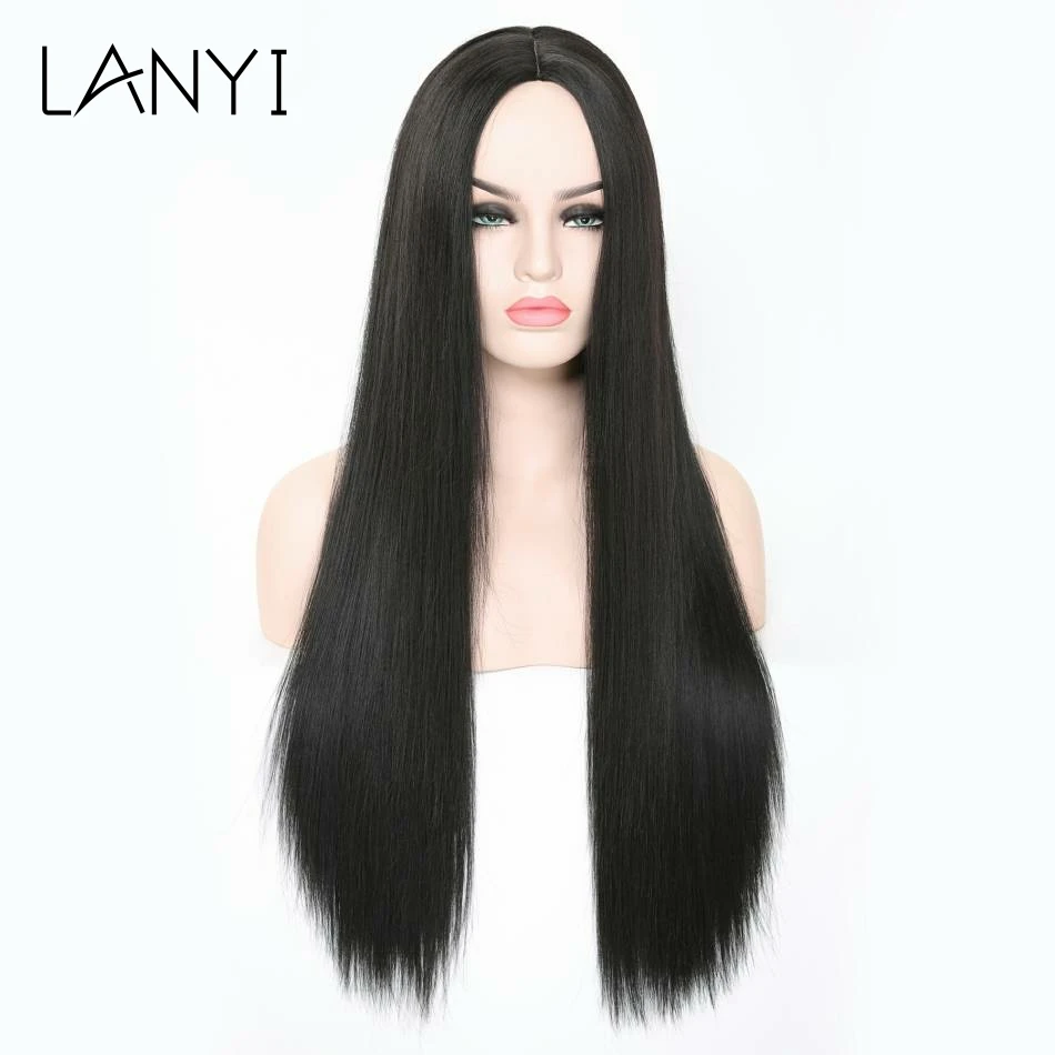 

LANYI Long Straight Synthetic Hair Black Wigs For African Lady Cosplay Lolita or Daily USE Heat Resistant Wig 26 Inches