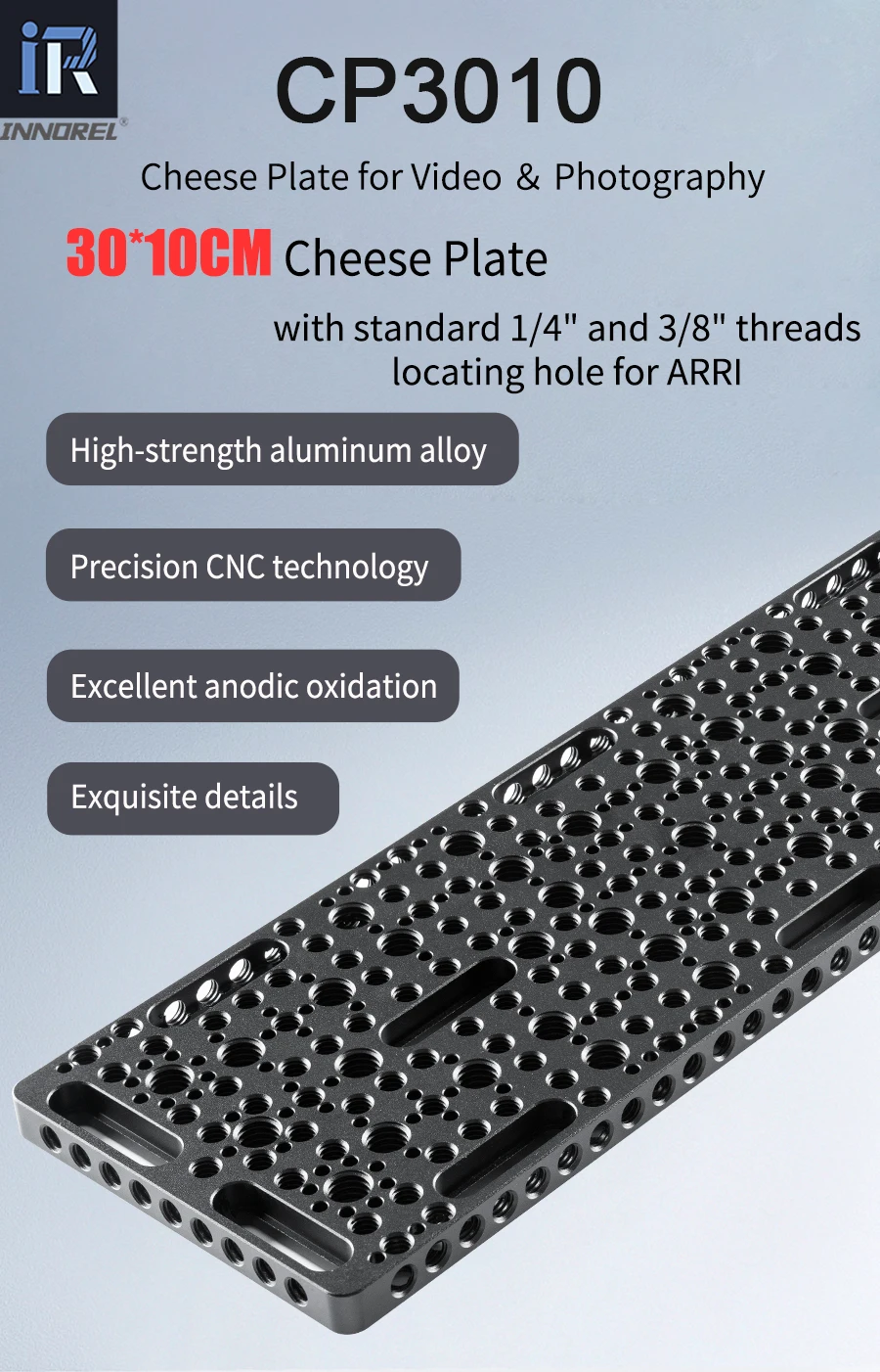INNOREL CP3010 10*30CM Multifunktionale Käseplatte mit 1/4" 3/8" Gewinde, Erweiterungsschalt-Montageplatte für Kamerastativ – Detail 1