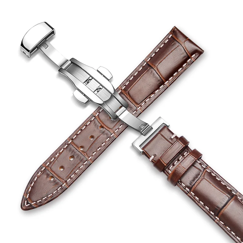 Butterfly Pattern Genuine Leather Watch Band Strap with Deployant Buckle in Brown & Black (12-24mm)