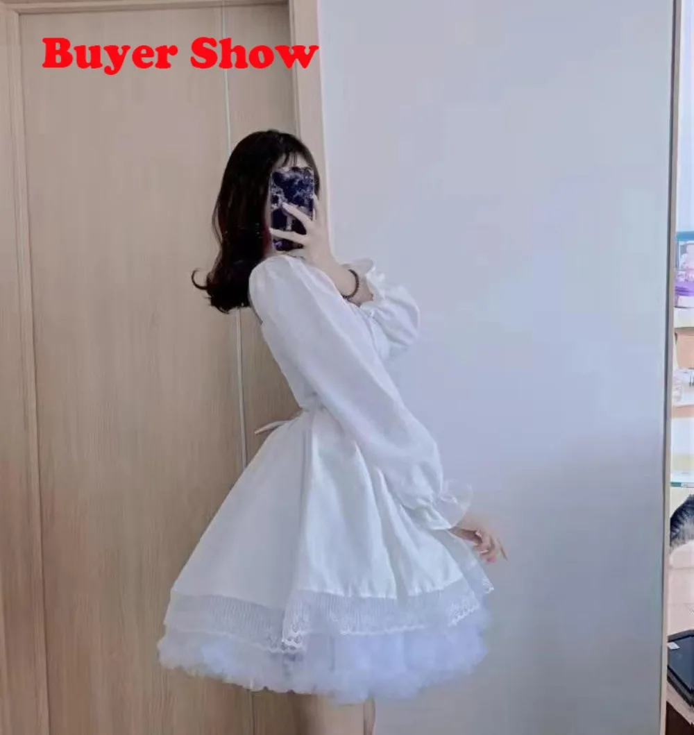 Vintage Gothic Dark Black Dress Japanese Harajuku Sweet Lolita Streetwear Square Neck Lace Women Lolita Dress White Long Sleeve