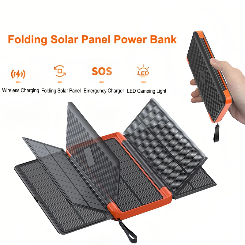 20000mAh Folding Solar Power Bank With 3 Solar Panel Outdoor Portable Qi Wireless Charger Powerbank For Phone Traveling Camping_voghion.com