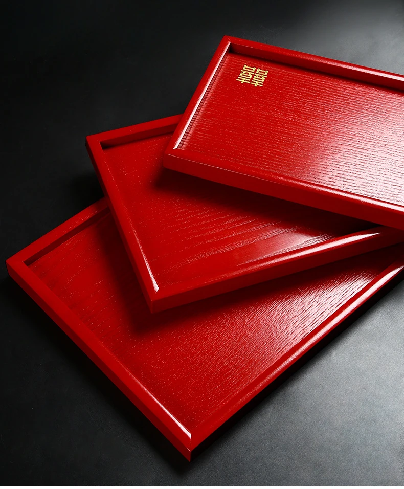 Description Picture 6 of item1pc Wooden Red Tray Wedding Supplies Living Room Dried Fruits, Snacks, Candy Plates Red Tea Tray Home Storage Decoration