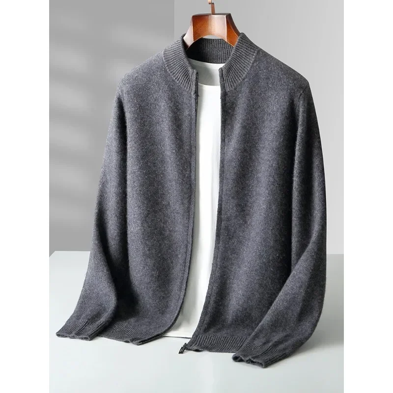 Autumn Winter Men's Wool Cardigan Zippers Mock Neck Long Sleeve Cashmere Sweater Warm Knitwear Thick Soft Clothing