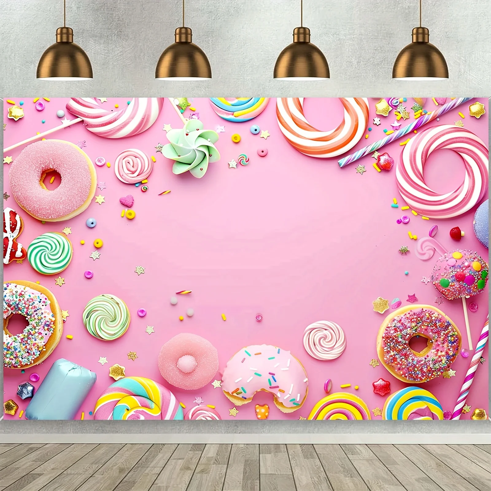 Süßigkeiten Fotografie Hintergrund Geburtstag Party Dusche Hintergrund süße rosa Wand Lutscher Donut Kuchen Desktop Banner