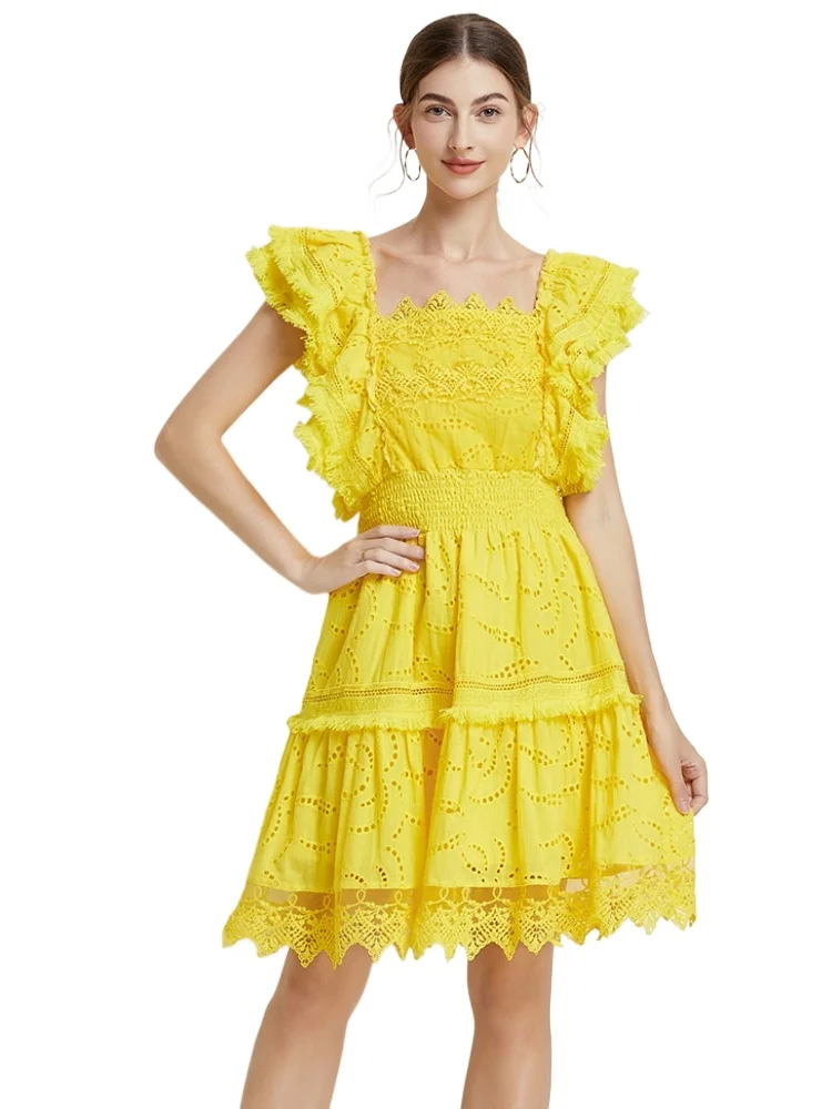 

TRAF Summer Elegant Women Solid Hollow Out Embroidery Dress Chic Flying Sleeve Elastic Backless Lace Trims Hem Party Vestidos