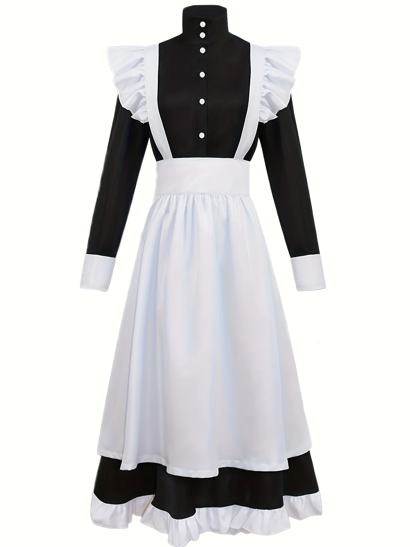 Adorable British Maid Outfit Featuring a Black And White Color Scheme with Ruffled Edges And a Bow Tie, Long Sleeves, And