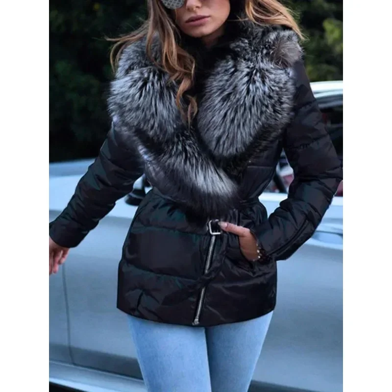 

Glossy Big Fur Collar Short Jackets Outwear Y2K Down Cotton-Padded Coat Long Sleeve Wonter Keep Warm Women's Coat Parkas