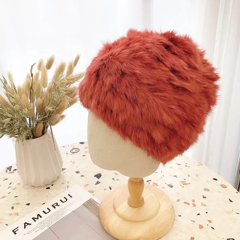 Fur Knitted Cap Winter Rabbit Fur Hat for Women Russian Warm