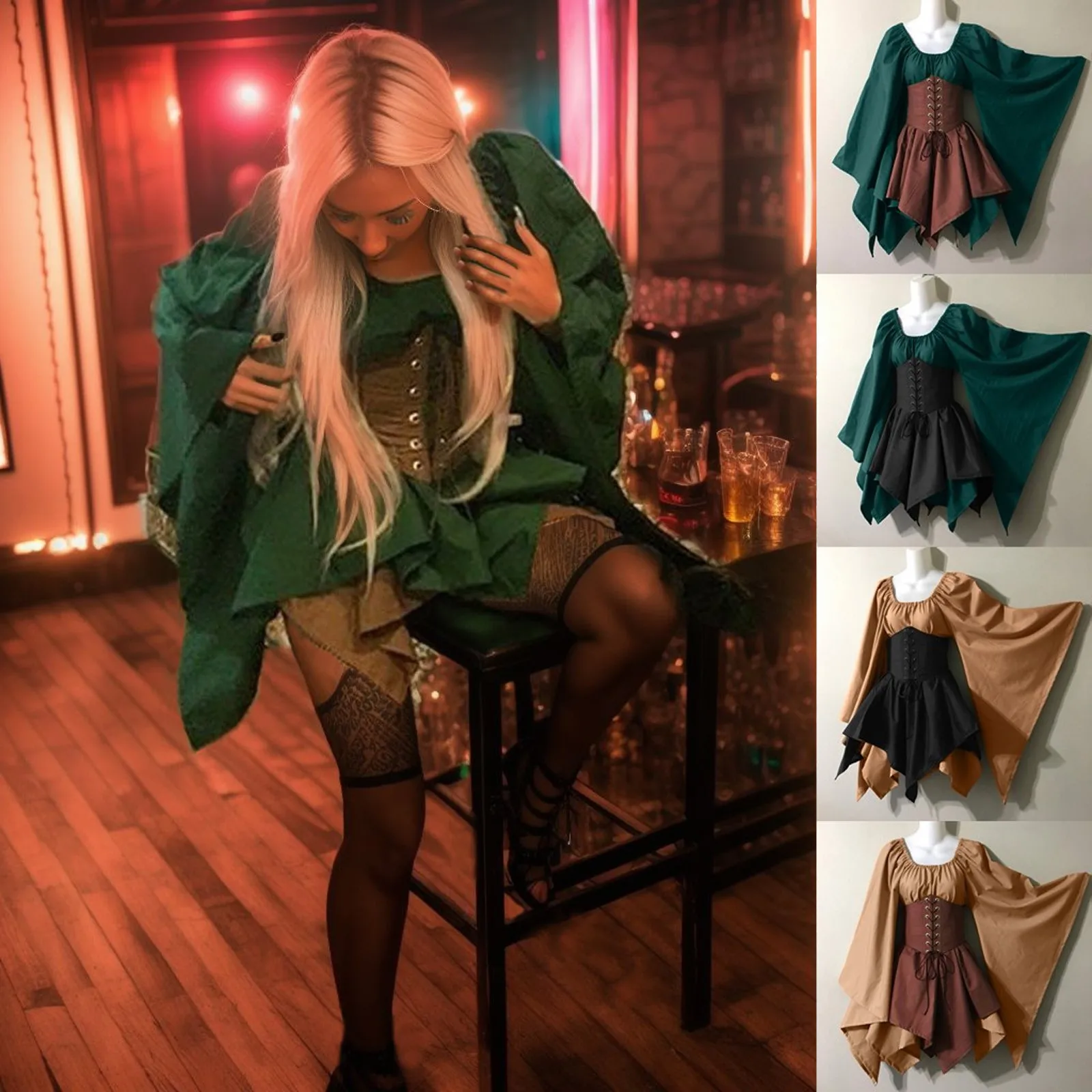 

Long Sleeve Corset Dress Spring Waist Bandage Party Dresses Gothic Retro Dress Medieval Vintage For Women Cosplay Costumes