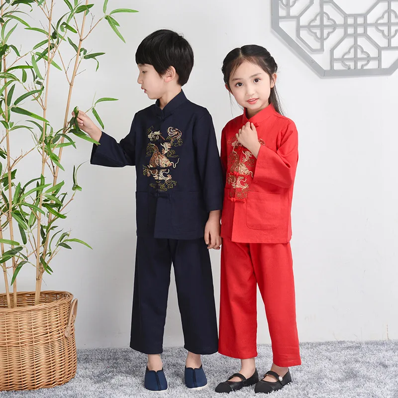 Men chinese style shirt Boy Cotton Line Tang Clothes Long Sleeve Hanfu Set Child Chinese Style Shirt&pants 2Pcs Outfit Embroider Dragon Kongfu Costume