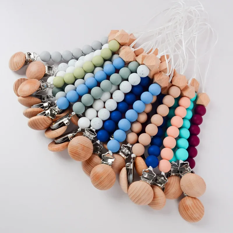 Baby Schnuller Clip Holz Farbe Silikon Bead Säuglings Beißring Schnuller Anti-drop Kette Neugeborenen Sicher Zahnen Spielzeug Dummy Nippel halter