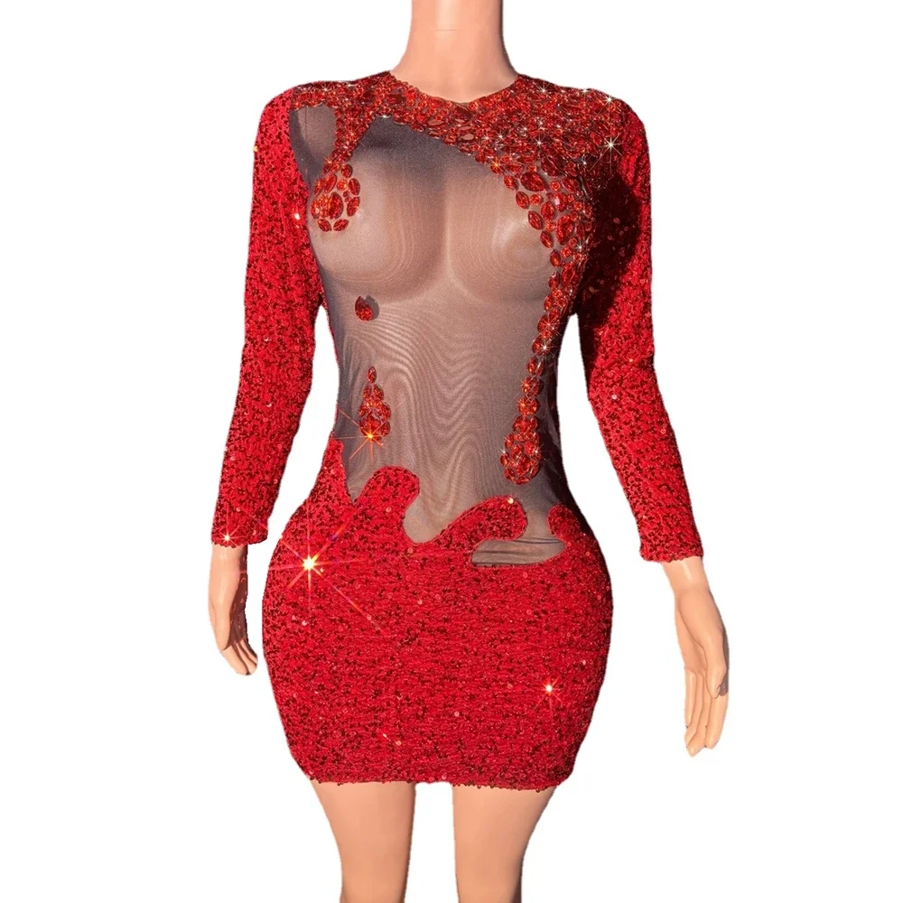 

Sparkly Red Sequins Rhinestones Short Dress Women Sexy Mesh See Through Evening Celebrate Birthday Dress Performance Costume