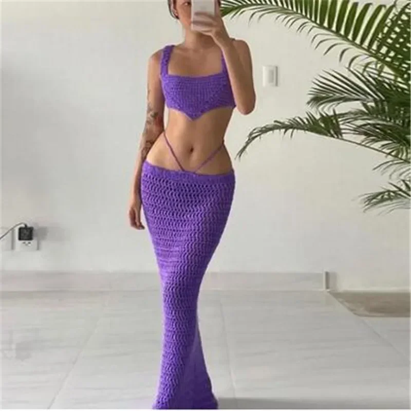 

Two Piece Sets Summer Crop Top Maxi Skirt 2pcs Set Women High Street Elegant Party Outfit Sexy Knit Backless Tops Bodycon Skirt