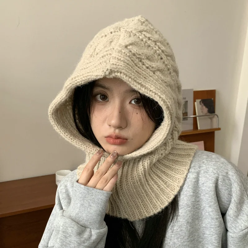 

Korean Ins Handmade Knitted Balaclava Hat Women's Thicken Warm Neck Solid Skullie Pullover Hat Winter Scarf Ear Protection Cap