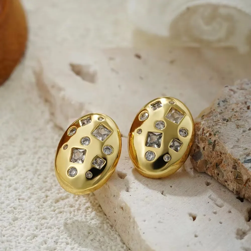 Fashion Geometric Oval Stud Earrings for Women Inlaid Cubic Zirconia White Crystal Chunky Pendant Necklace Choker Party Jewelry