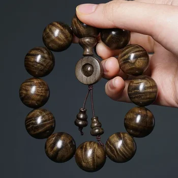 Gold-rimmed Nanmu Bracelets Men's WenPlay Full Of Water Waves Gentian Pattern Beads Gloomy Wood Ebony Old Material Hand String 4