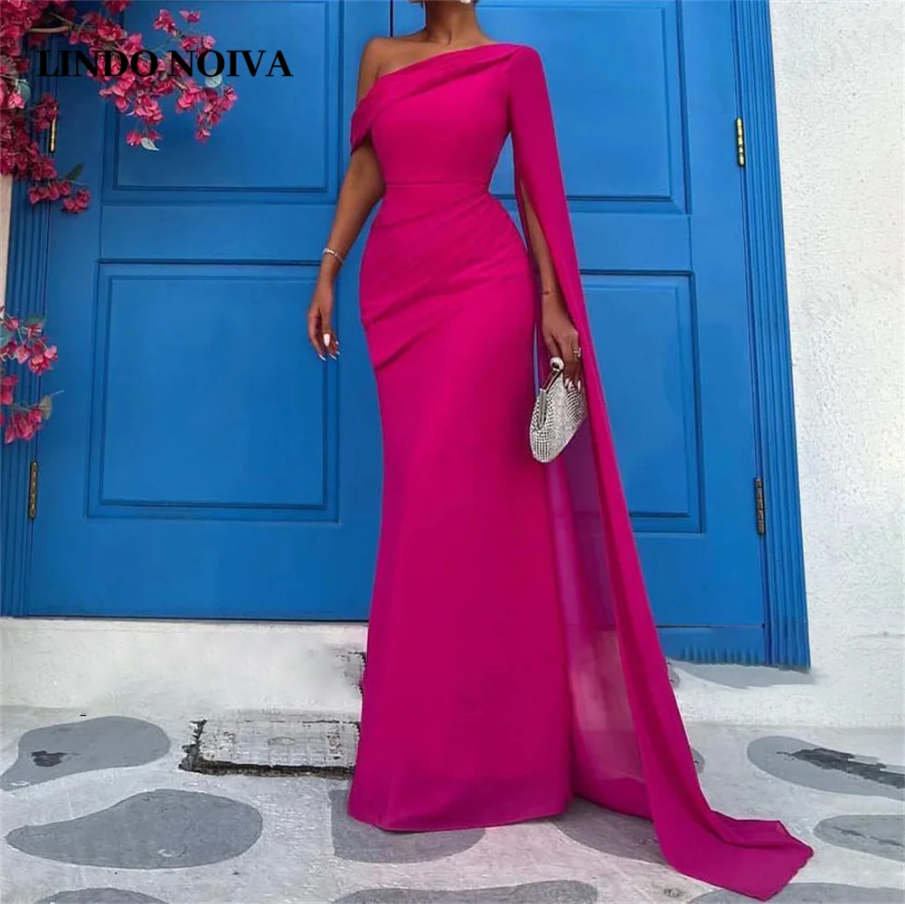 

2024 Hot Pink Diagonal Collar Mermaid Evening Dresses 2024 New Chiffon Floor Length Prom Dress Long Party Dresses فساتين السهرة