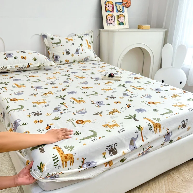 100% Cotton Fun Zoo Theme Fitted Sheet Set Giraffe Lion Print Soft Breathable Bedding Set Kids Adult Room Decor（2 Pillowcases ） 3