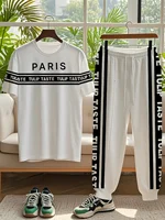 Ensemble deux pièces pour hommes, T-shirt et pantalon à col rond doux et respirant avec lettres imprimées rayées, édition décontractée pour l'extérieur, été 1