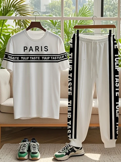 Ensemble deux pièces pour hommes, T-shirt et pantalon à col rond doux et respirant avec lettres imprimées rayées, édition décontractée pour l'extérieur, été 1