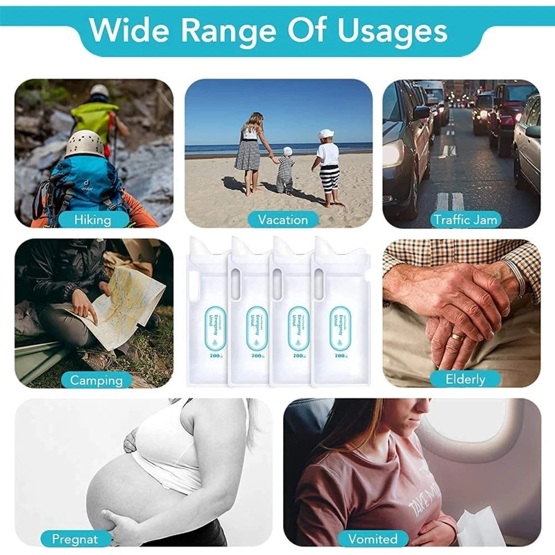 Emergency Pee Bags Disposable Urinal Bags 4 Pack 700ml Portable Toilet Unisex Urine Travel Vomit for Patients health care kit