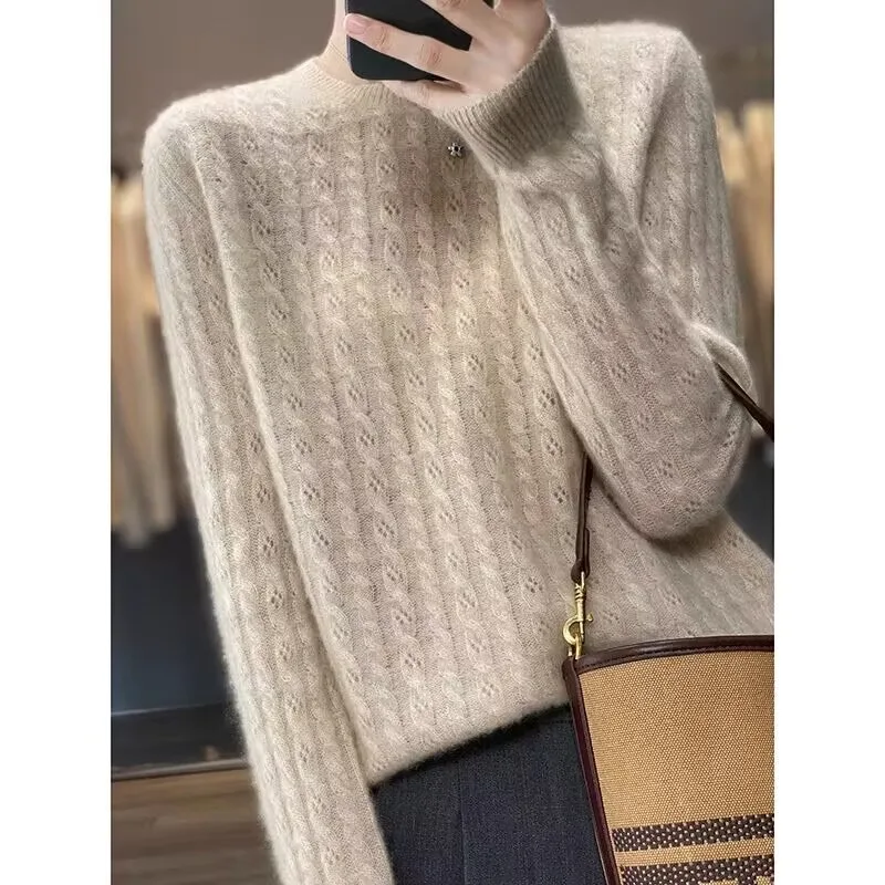 

Fashion Long Sleeve Soft Pullover Casual O-neck Twists Hollow Bottoming Tops Winter Loose Knitting Cashmere Sweater Sueter 28608