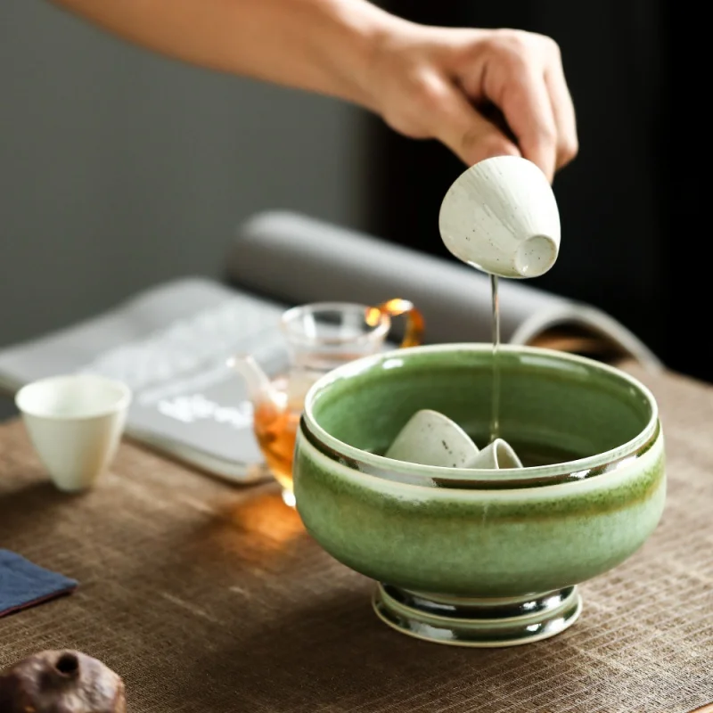 

Ceramic Tea Basin Moss Green Large High-Foot Washed Jingdezhen Ceramic Fambe Tea Basin Writing-Brush Washer Tea Ceremony Orienta