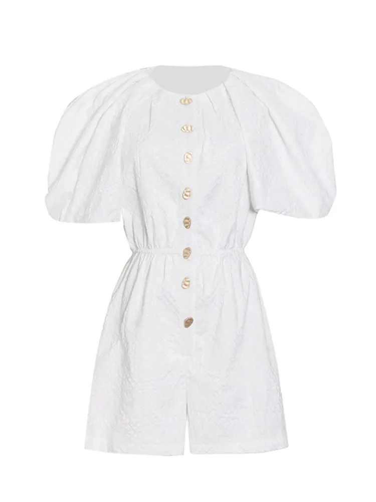 KBQ Casual Embroidery Playsuit For Women Round Neck Short Sleeve High Waist Spliced Single Breasted Solid Playsuits Female New