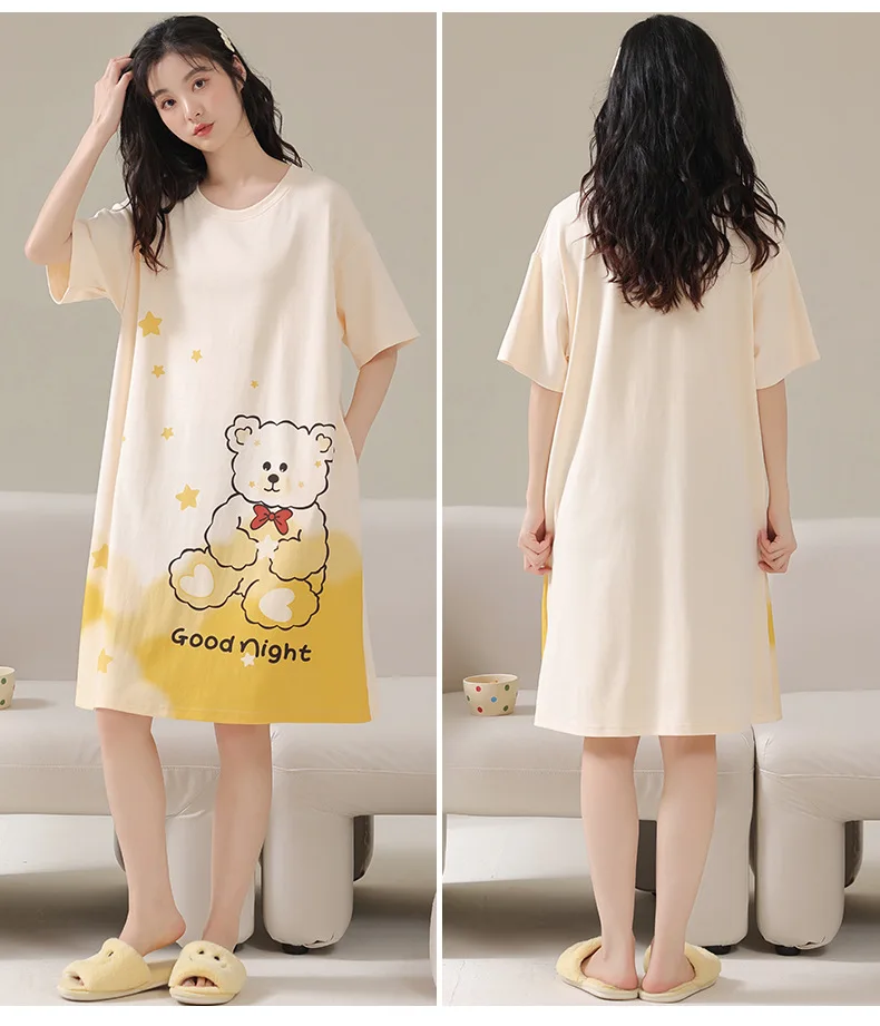 Women Large Size Pajamas Short-Sleeved Nightgown Cartoon Bear 5xl Long Student Robe Rabbitlong Skirt Loungewear Girl Dress