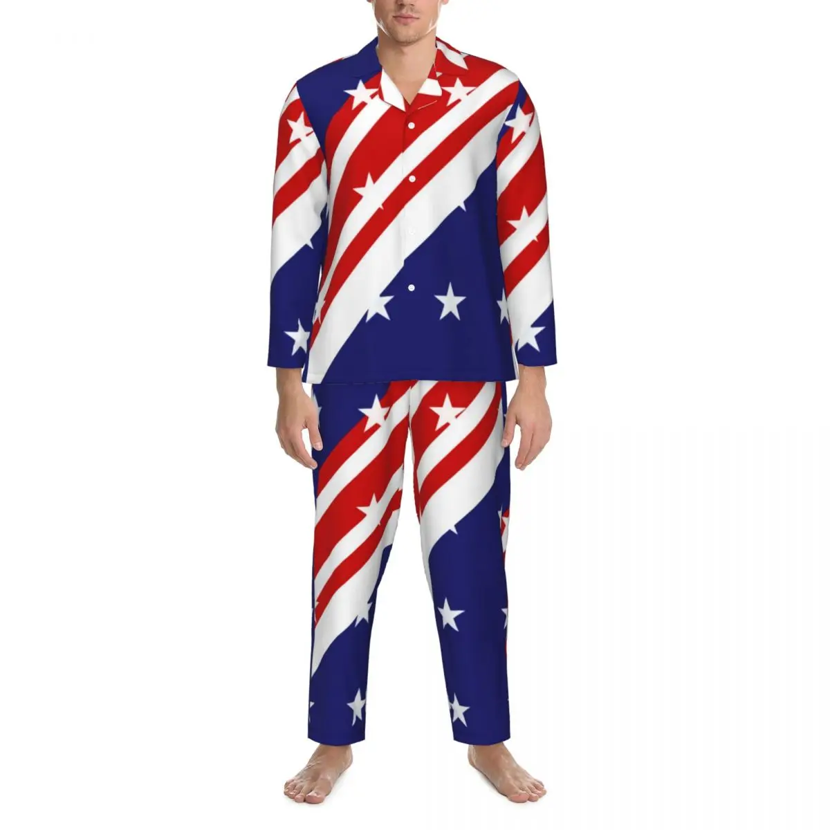 

American Flag Red Blue Pajamas Man Stars N Stripes July 4th Leisure Nightwear Autumn 2 Pieces Casual Oversize Custom Pajama Sets