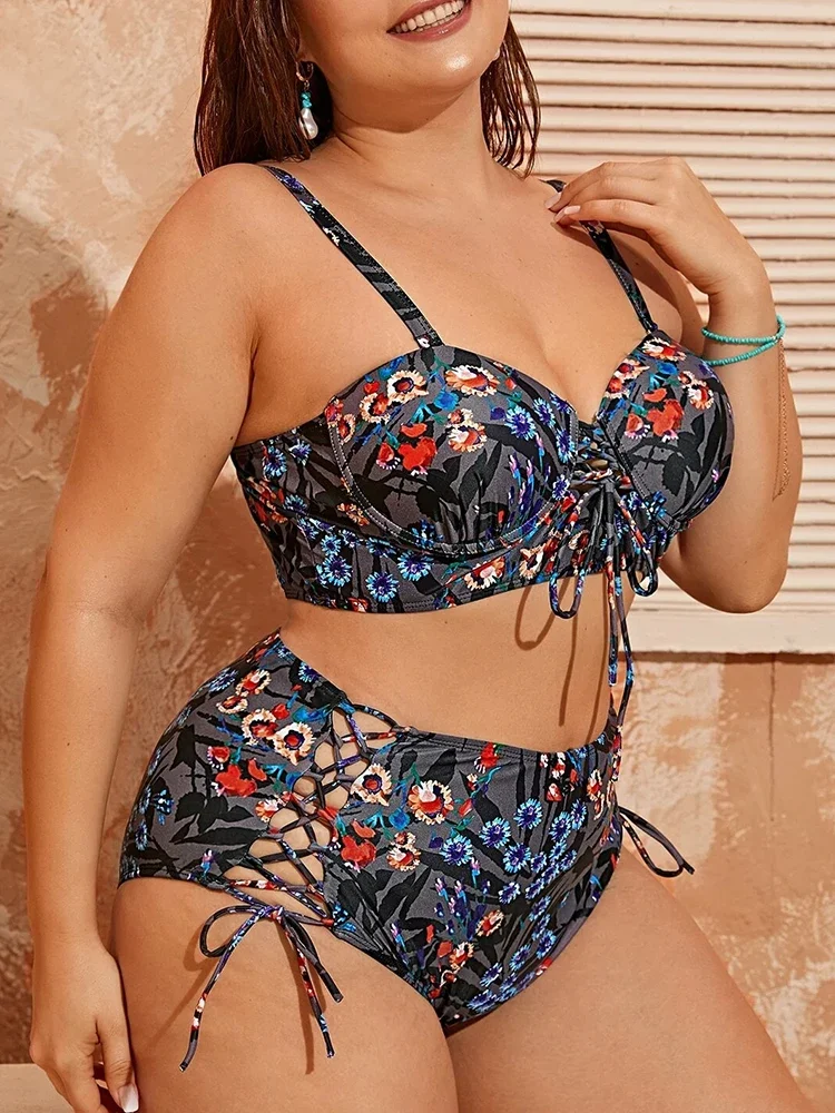 2023 New Cut Out Women Swimsuit Laced Up High Waist Bikini Sets Push Up Underwire Swimwear 4XL Large Size Bathing Suit Mujer