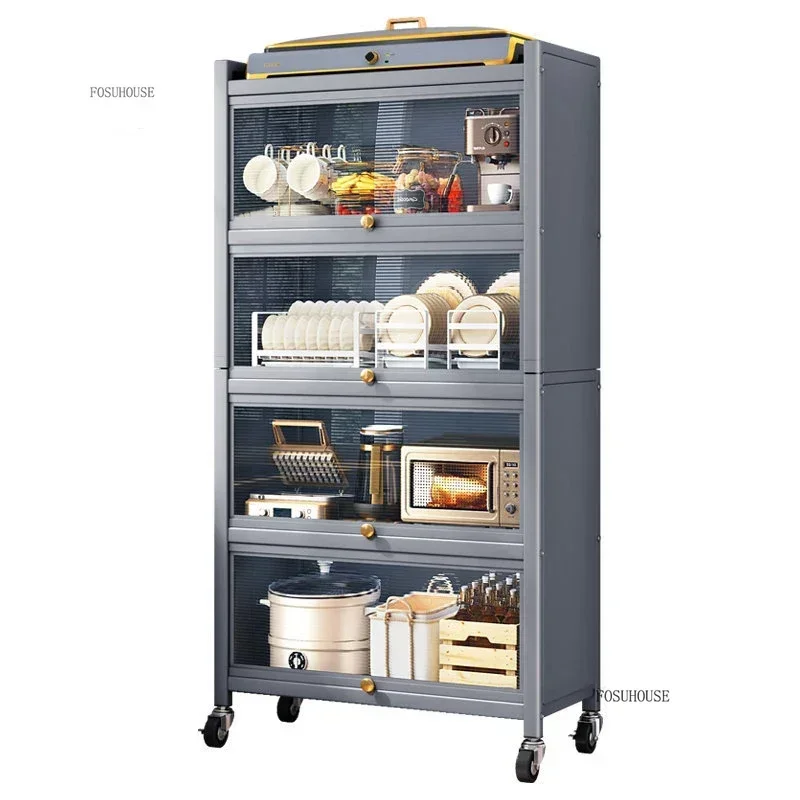 Multifunction Storage Cabinet Nordic Carbon Steel Kitchen Cabinets Home Multi-layer Microwave Oven Floor Rack with Flip Door H 3