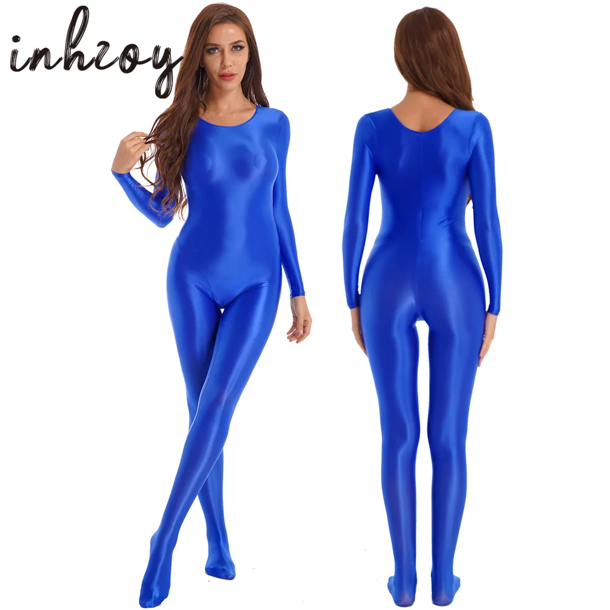 WomensGlossySmoothFullBodyLeotardBodysuitJumpsuitSolidLong