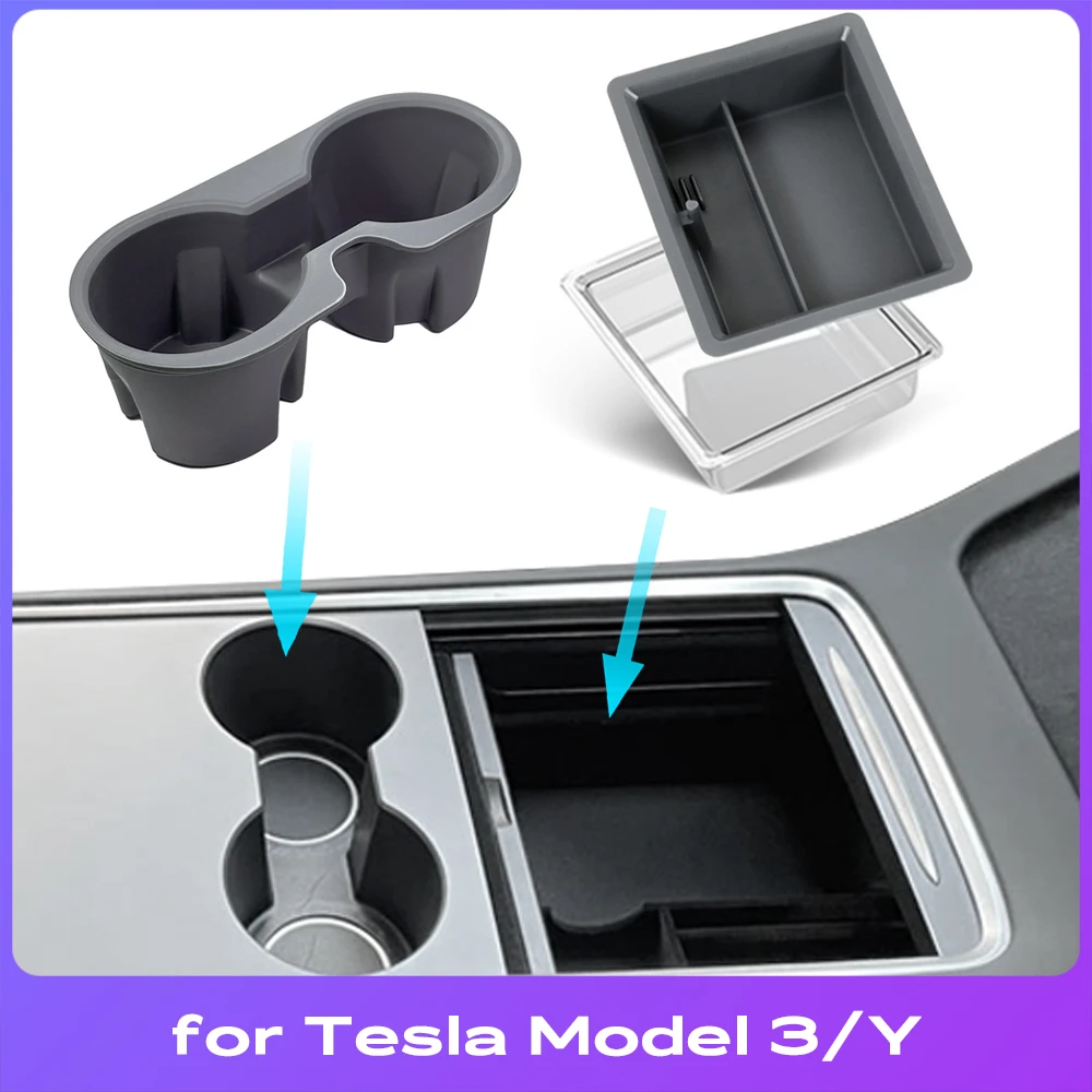 For Tesla Model 3 Y Center Console Storage box Transparent Tray with Silcone Water Cup Holder Car Key Card Slot car cup holder clip for tesla model 3 2021 accessories car water cup slot slip limit clip limiter for tesla model y 2021