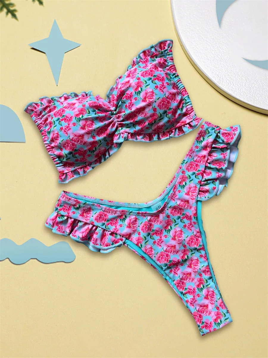 Stylish Women s Tropical Print Bikini Set with Adjustable Tie Back and Halter Neck Chic Two Piece Swimsuit for Summer Beachwear