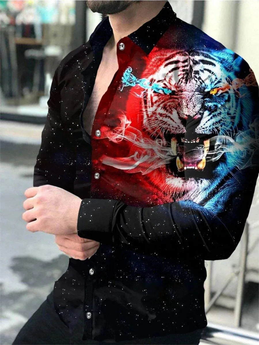 Men Casual Shirts Men Shirts Long Sleeve 3D Animal Lapel Button Summer Clothes S-4XL