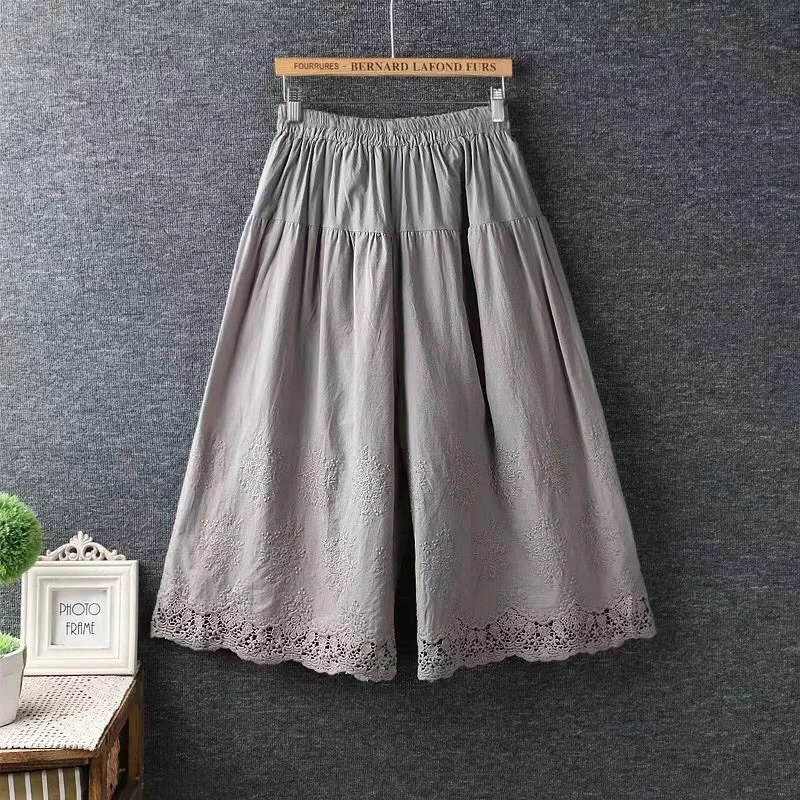 carhartt pants summer Vintage cotton embroidery flowers Wide leg pants Female lolita sweet RV454 capri pants