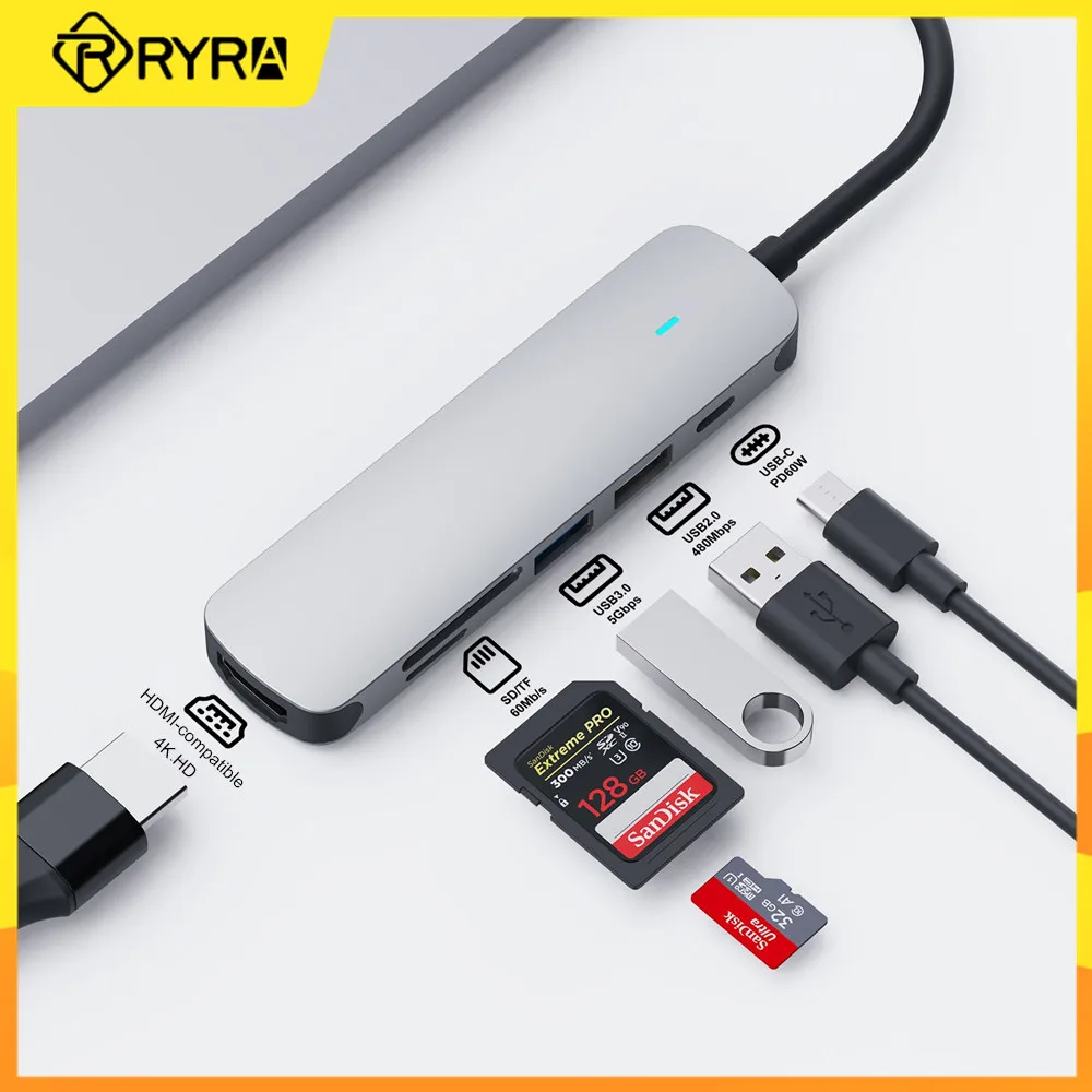 

RYRA Type-c Hub USB 3.0 Adapter 6 In 1 SD/TF Card Reader Multi Port USB Splitter PD 60W Charging High Speed Data Transmission