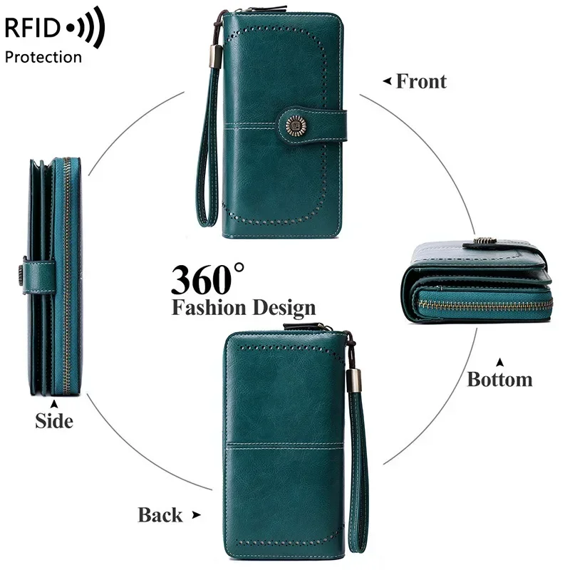 High Quality Women Wallet RFID Anti-theft Leather Wallets For Woman Long Zipper Large Ladies Clutch Bag Female Purse Card Holder 5