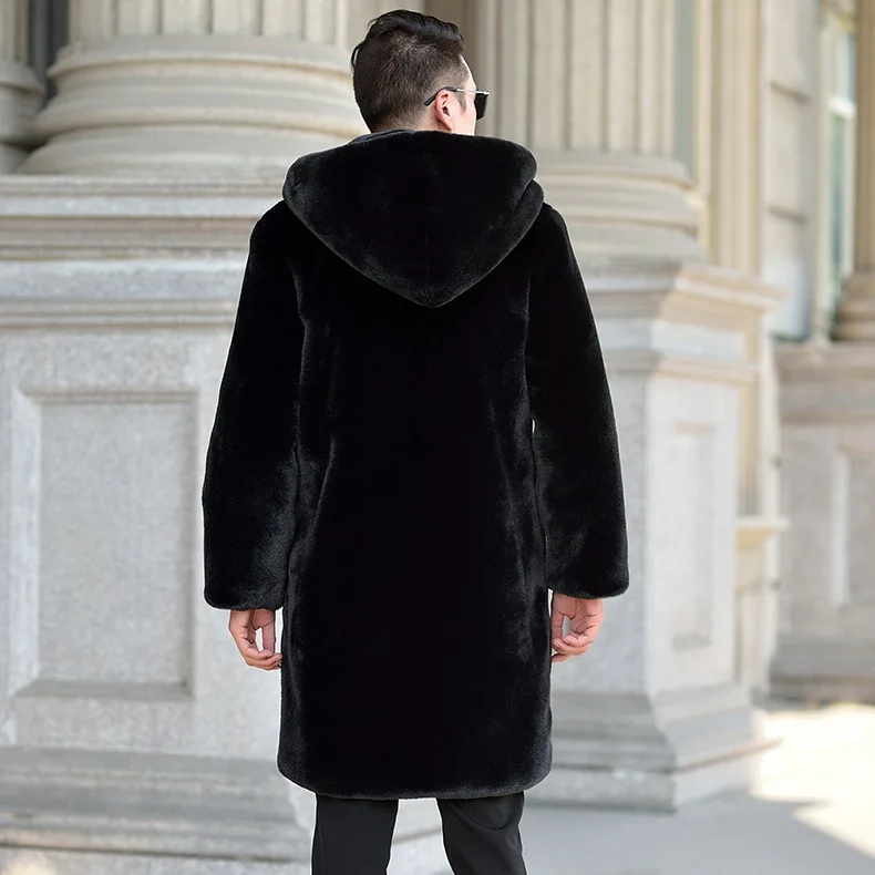 2023 New Faux Fur Men's Winter Mid length Fur Coat Thickened Large Hooded Coat Men's Fashion Warm